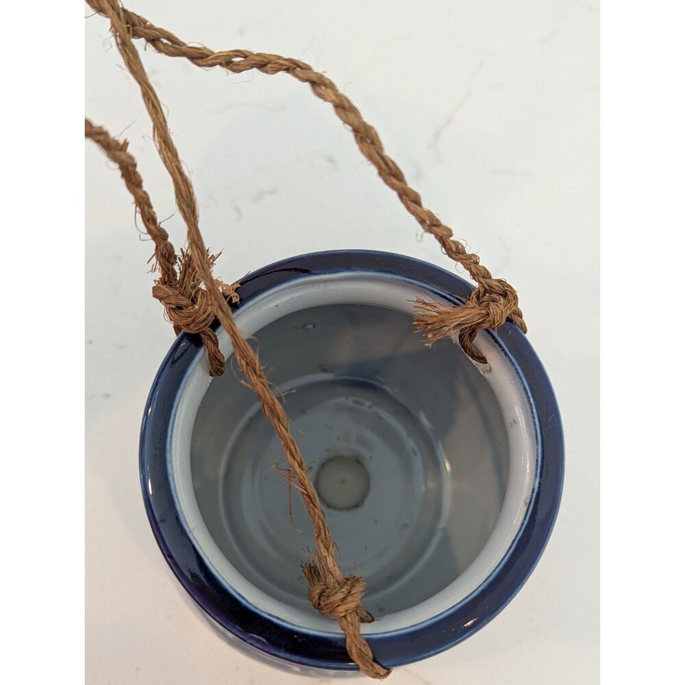 Ceramic Hanging Planter, Cobalt Blue Design, Japan Made, Boho Grandmillennial - Picture 6 of 11
